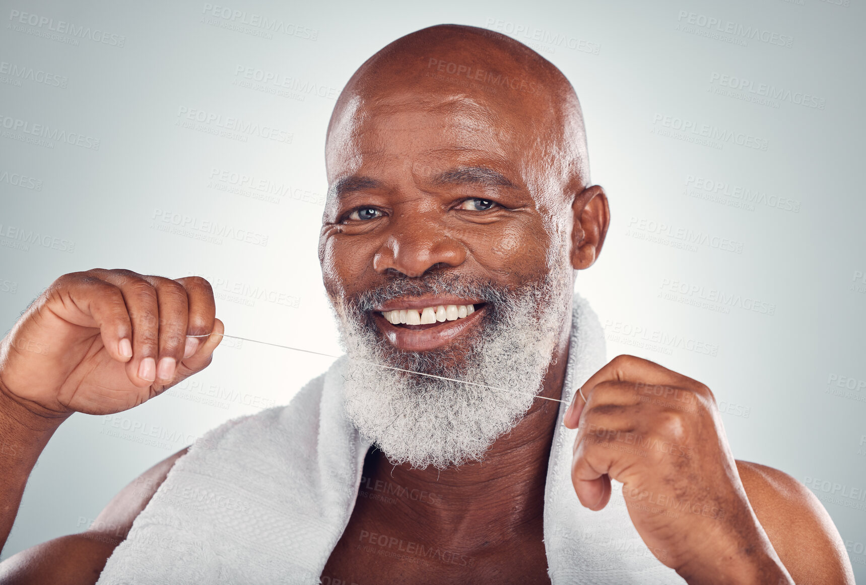 Buy stock photo Floss, portrait and teeth of man isolated on white background for senior mouth, self care smile  and cleaning. African model or elderly person with product for tooth, gum or dentist healthcare mockup