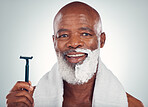 Black man, face and shaving cream with razor, portrait for beauty and grooming isolated on studio background. Facial hair removal, happy elderly person and hygiene with skincare and wellness