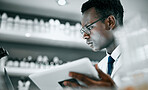 Science, laboratory and black man with tablet for research, medical analysis and experiment results. Medicine, healthcare and scientist with digital tech for data analysis, lab study and innovation