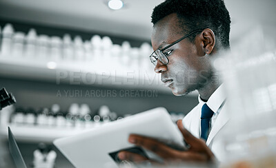 Buy stock photo Science, laboratory and black man with tablet for research, medical analysis and experiment results. Medicine, healthcare and scientist with digital tech for data analysis, lab study and innovation