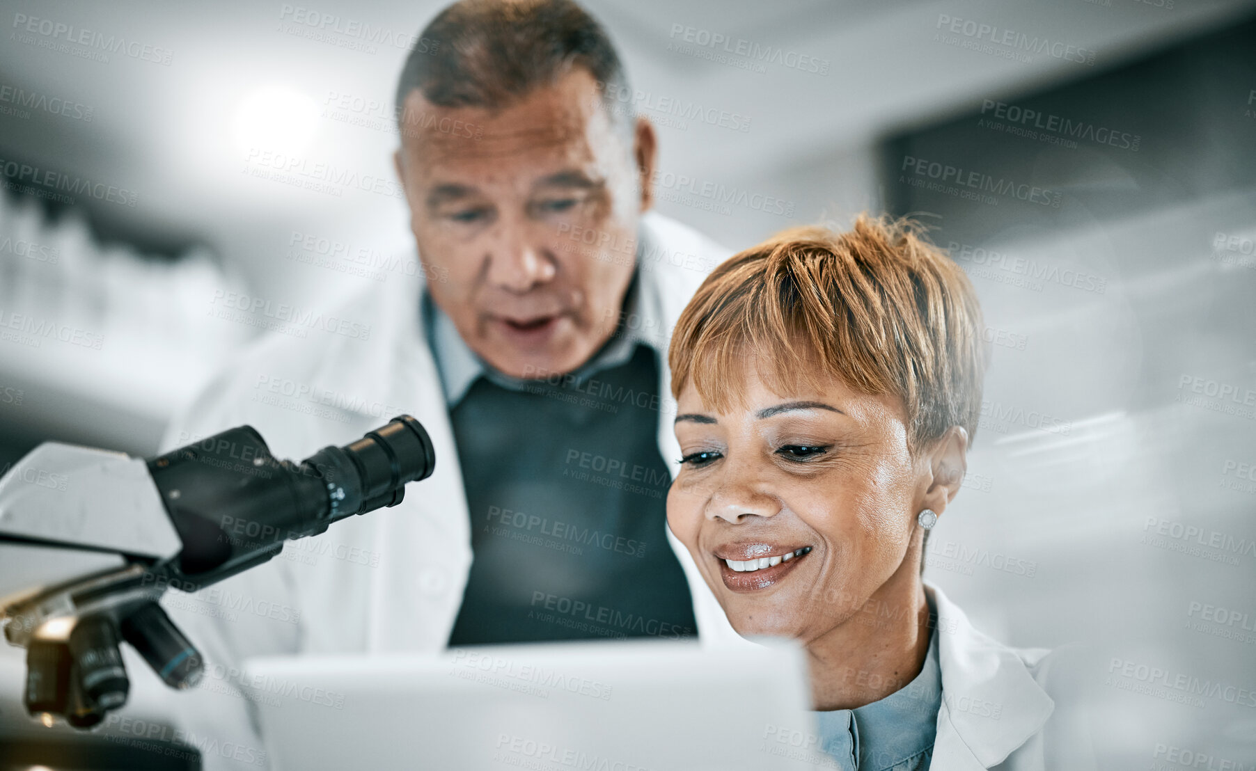 Buy stock photo Doctor, research or scientist people in science laboratory on DNA study, medical or medicine data analysis. Happy, healthcare teamwork or nurse for health, cancer innovation or virus test in hospital