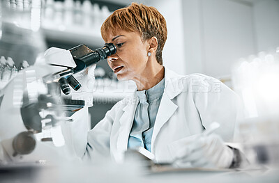 Research, microscope or doctor woman in science data analysis, medical innovation or healthcare. Scientist, futuristic or nurse writing note on health medicine, DNA or vaccine data exam in laboratory