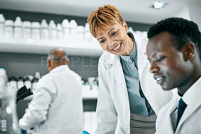 Buy stock photo Doctor, covid or scientist people in science laboratory for DNA research, medical and medicine data analysis. Happy, healthcare teamwork or nurse for healthcare, cancer innovation or virus test study