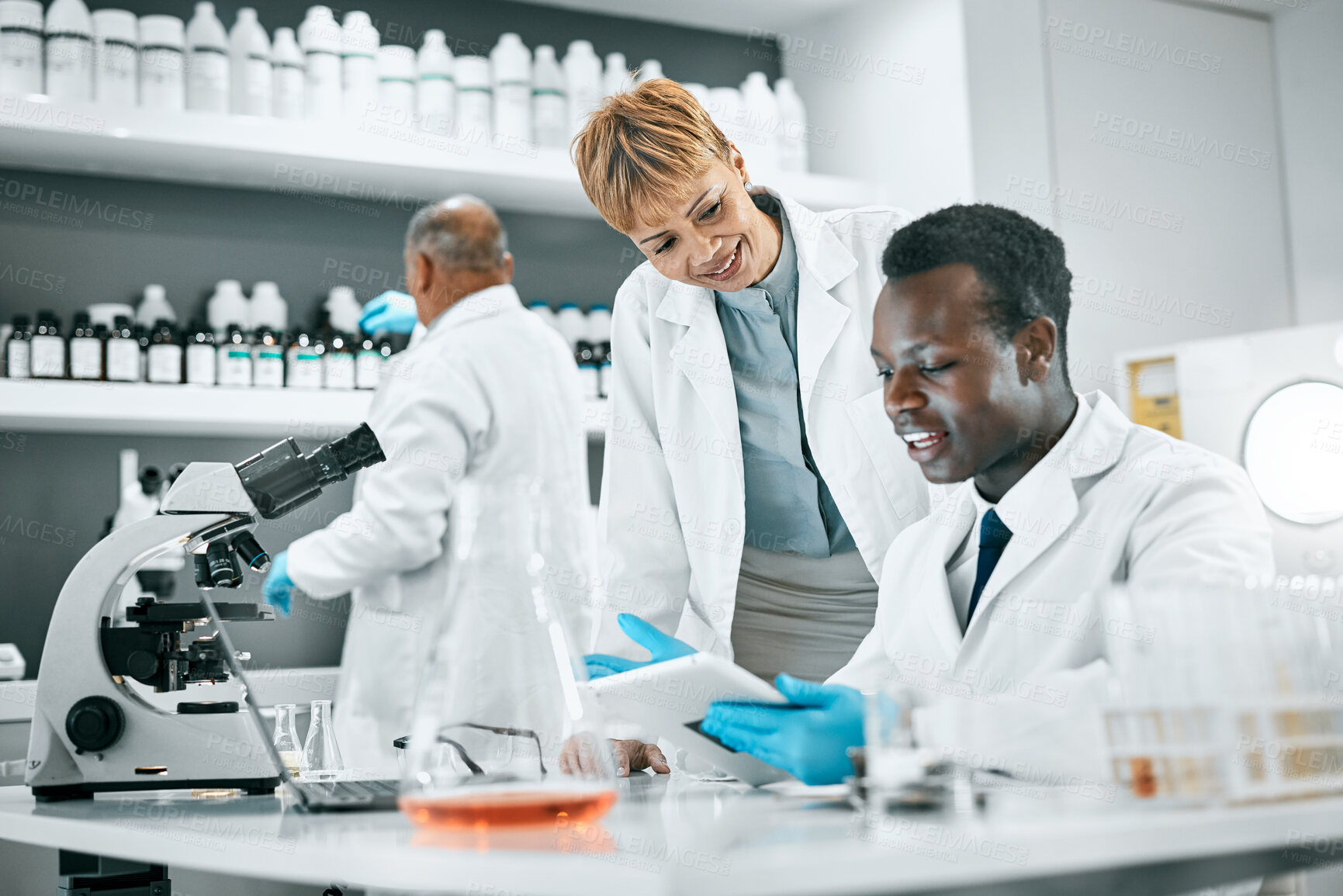 Buy stock photo Doctor, tablet or scientist people in science laboratory for DNA research, medical and medicine data analysis. Smile, healthcare teamwork or nurse for health, cancer innovation or virus test study