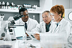 Collaboration, doctor or scientist with tablet in science lab for DNA research, medical or medicine data analysis. Happy, health teamwork or nurse for healthcare, cancer innovation or virus study