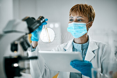 Buy stock photo Doctor, microscope or black woman on tablet and test tube in science lab for DNA research, medical or medicine data analysis. Scientist, healthcare or nurse on health, innovation or covid virus study