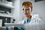 Tablet, science and black woman in lab for research, medical report and experiment results. Medicine, healthcare and scientist with digital tech for analysis, biotechnology study and pharmaceuticals