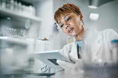 Buy stock photo Healthcare, science and black woman with tablet for research, medical analysis and experiment results. Medicine, laboratory and scientist with digital tech for data analysis, lab study and innovation