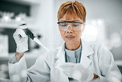 Buy stock photo Test tube, doctor or senior woman with vaccine in lab for research, planning or innovation medical DNA test. Healthcare science or elderly scientist on analysis or medicine wellness study in hospital