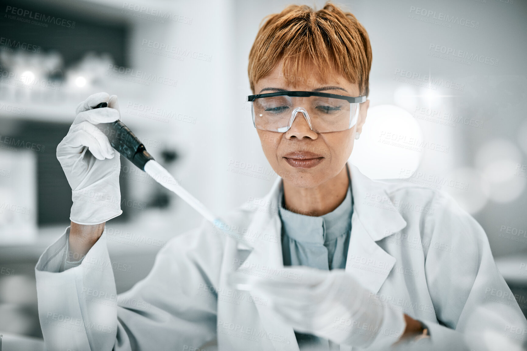 Buy stock photo Test tube, doctor or senior woman with vaccine in lab for research, planning or innovation medical DNA test. Healthcare science or elderly scientist on analysis or medicine wellness study in hospital