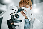 Microscope, study or scientist woman in science laboratory for DNA research, medical and medicine data analysis. Doctor, healthcare teamwork or nurse for health, cancer innovation or virus idea test