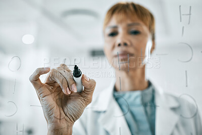 Buy stock photo Medical research, planning or elderly woman scientist writing on glass board, strategy working in laboratory for future medicine and innovation. Worker, doctor or employee thinking of futuristic idea