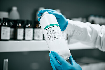 Buy stock photo Science, pharmaceutical chemical and bottle hands from shelf in laboratory for medical research. Healthcare, medicine and innovation in manufacturing of vaccine or prescription drugs with scientist.