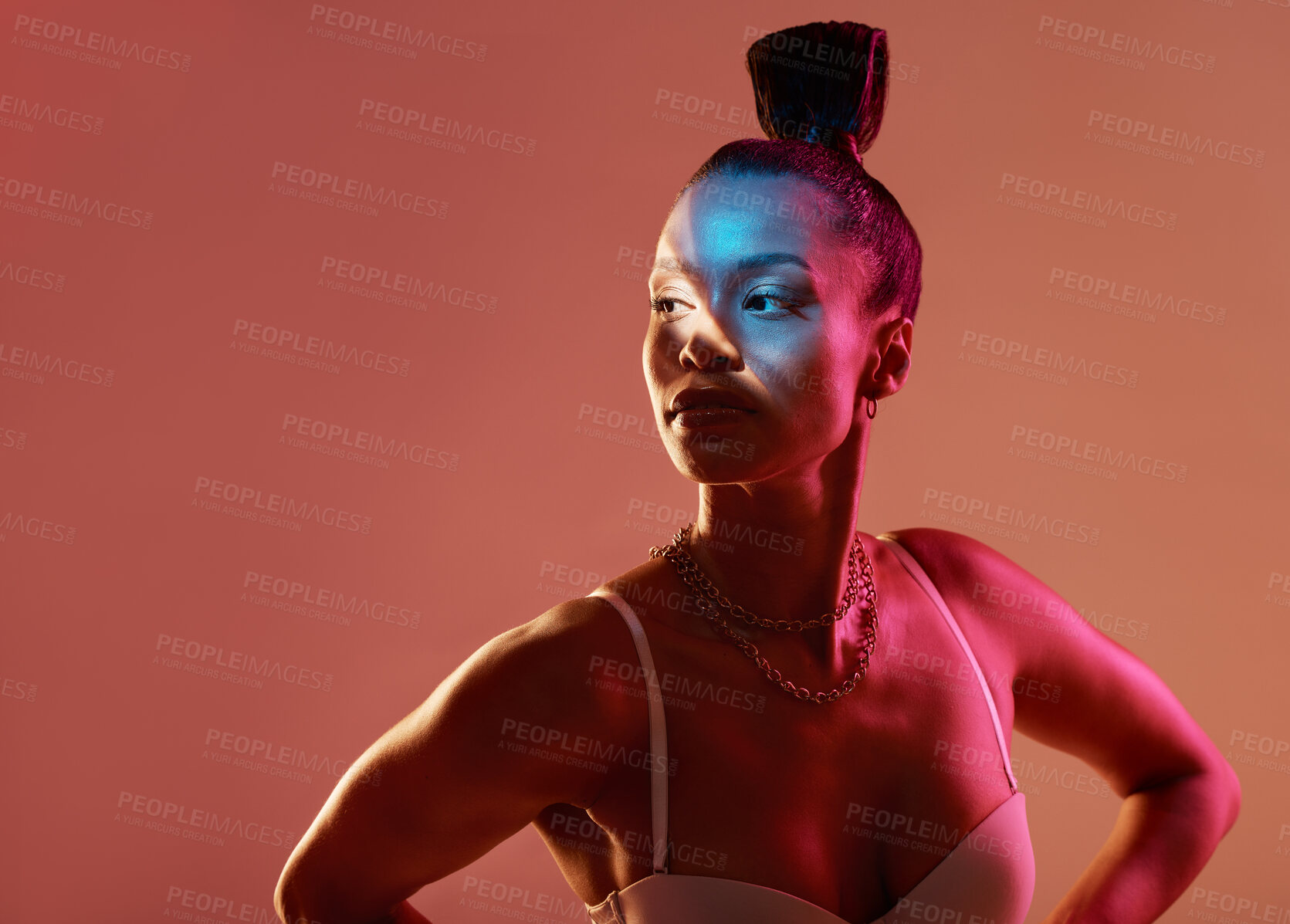 Buy stock photo Light, beauty and black woman profile with mockup feeling sexy and mystical with studio lights. Brown background, isolated and glow of a female model with blue face lighting and glamour pose