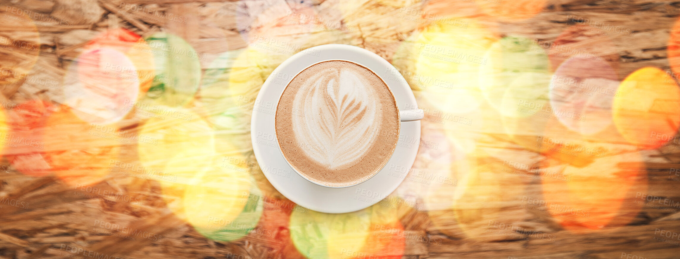 Buy stock photo Flare, above and coffee on a table at a cafe for breakfast, lunch or morning energy at a restaurant. Drink, diner and latte, espresso or cappuccino at a coffee shop for peace, calm and caffeine