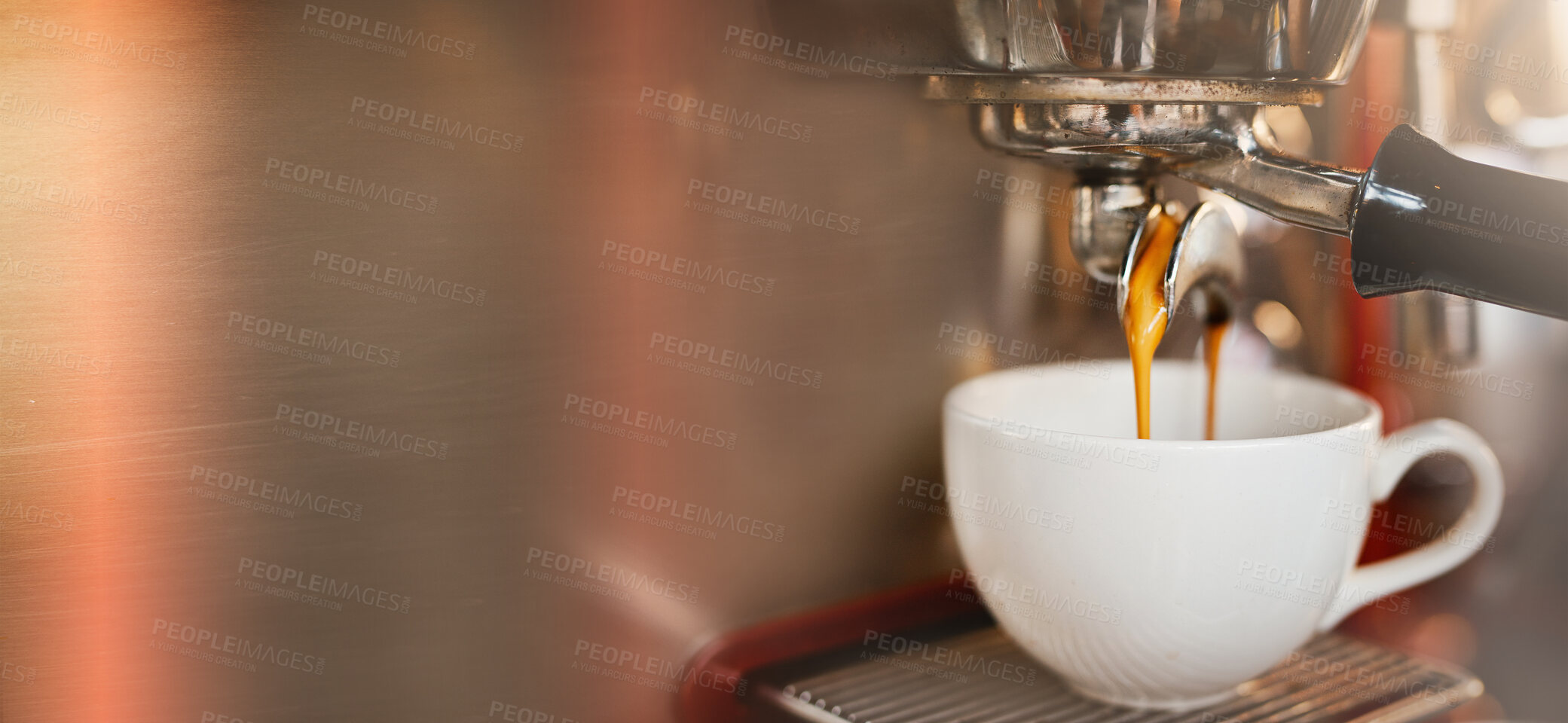 Buy stock photo Coffee machine, cafe and restaurant for hot drink, espresso or latte liquid for retail at small business. Cup on electrical appliance in shop or store kitchen for beverage, service or startup