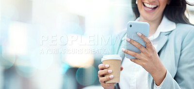 Buy stock photo Coffee, phone and hands of business woman on social media, texting or web scrolling on bokeh background. Tea, smartphone and female employee with mobile laughing at funny meme while internet browsing