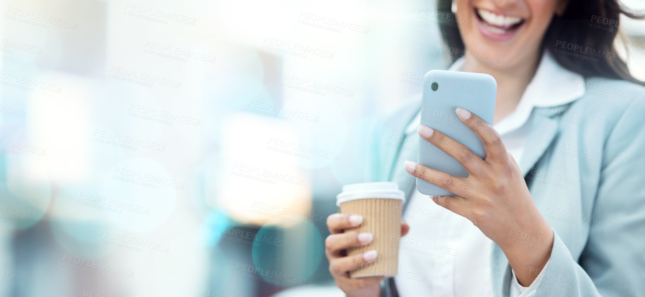 Buy stock photo Coffee, phone and hands of business woman on social media, texting or web scrolling on bokeh background. Tea, smartphone and female employee with mobile laughing at funny meme while internet browsing