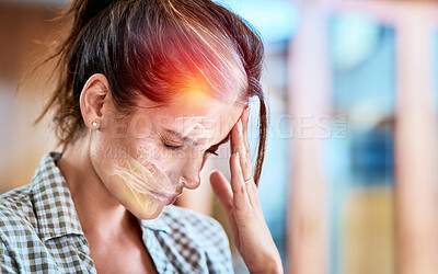 Buy stock photo Woman, home and stress headache with hand, head and pain with 3d holographic overlay for healthcare. Lady, depressed and burnout with sick, frustrated face and physical problem with anxiety in house