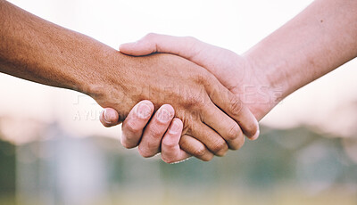 Buy stock photo Closeup, handshake and support for sports, agreement and competition with collaboration, goal and target. Zoom, shaking hands or friends with solidarity, community or outdoor for match or partnership