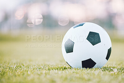 Soccer, ball and field ready for game time or match start in sports, athletics or tournament in the outdoors. Round sphere object with pentagon shape spots on green grass for playing sport on mockup