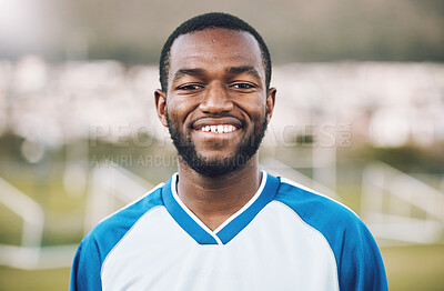 Buy stock photo Sports, smile and portrait of soccer player on field with happy face and motivation for winning game in Africa. Confident, proud and black man at professional football competition or training match.