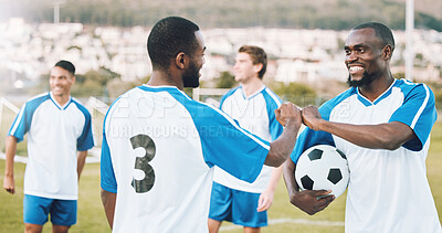 Buy stock photo Fist bump, soccer team and fitness teamwork success of a sports group in training on a grass field. Football friends, support and exercise support with motivation outdoor for health workout and smile