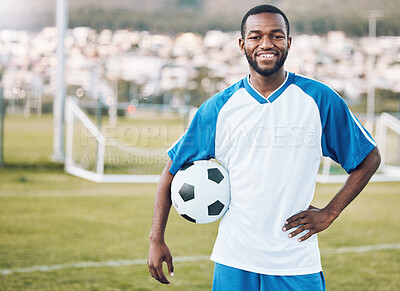 Buy stock photo Sports, soccer and portrait of black man with ball and smile on face with motivation for winning game in Africa. Confident, proud and happy professional football player at exercise or training match.