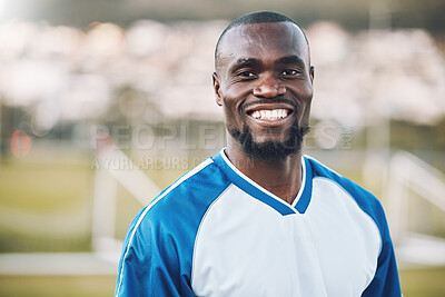 Buy stock photo Sports, football and portrait of black man with smile on field and motivation for winning game in Africa. Confident, proud and face of happy professional soccer player at exercise or training match.