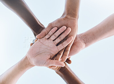 Buy stock photo Sports, teamwork and stack of hands for support, motivation and community with  blue sky. Collaboration, team building and group of people ready for success in game, fitness and training outdoors