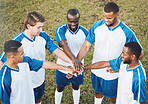 Soccer, team and hands of men in support of sports, collaboration and game strategy at a field. Football, players and man group with hand huddle for fitness, motivation and training goal outdoors