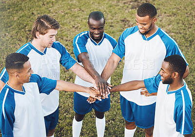 Buy stock photo Soccer, team and hands of men in support of sports, collaboration and game strategy at a field. Football, players and man group with hand huddle for fitness, motivation and training goal outdoors