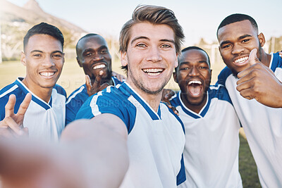 Buy stock photo Excited, soccer and portrait of a team selfie at training, game or competition on a field. Fitness, diversity and football players with a photo after winning, achievement and sports in France