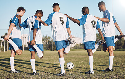 Buy stock photo Soccer, sports and stretching with a team outdoor on a field getting ready together for a competitive game. Football, fitness and warm up with a male sport group of friends on a pitch before a match