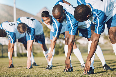 Buy stock photo Soccer, sports and warm up with a team outdoor on a field getting ready together for a competitive game. Football, fitness and stretching with a male sport group of friends on a pitch before a match
