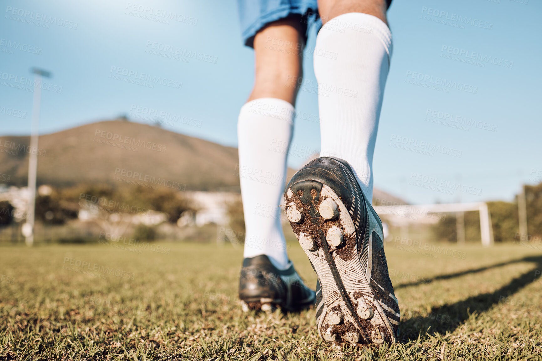 Buy stock photo Soccer player, shoes and start on field with sports and fitness outdoor, athlete legs and running in training session. Football, wellness and active lifestyle, professional sport man and team game