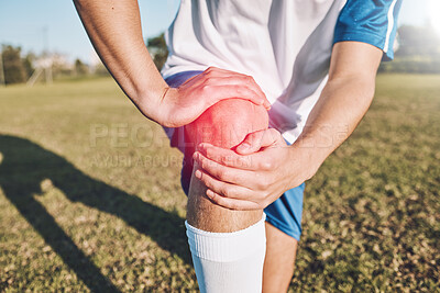 Buy stock photo Sports, knee pain and hands on field or football competition, training and exercise injury with anatomy and red overlay. Soccer, fitness and athlete person or man leg for medical emergency or risk