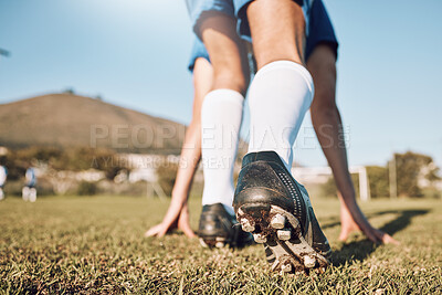Buy stock photo Football player, shoes and start on field with sports and fitness outdoor, athlete legs and running in training session. Soccer, wellness and active lifestyle, professional sport man and team game