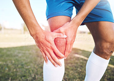 Buy stock photo Knee injury, red pain and hands on sports or football field for competition, training and exercise problem with overlay. Soccer, fitness and athlete person or man legs for medical emergency or risk