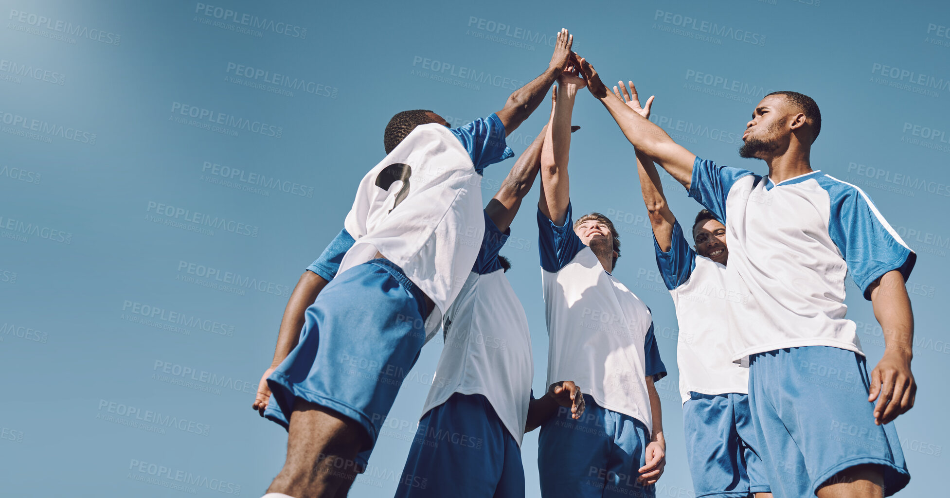 Buy stock photo Soccer, team high five and men celebrate winning at sports competition or game with teamwork on field. Football champion group with motivation hands for a goal, performance and fitness achievement 