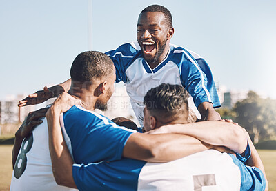 Buy stock photo Soccer, celebration and men winning sports competition or game with teamwork on a field. Football champion group, friends or people happy and excited for goal, performance and fitness achievement 