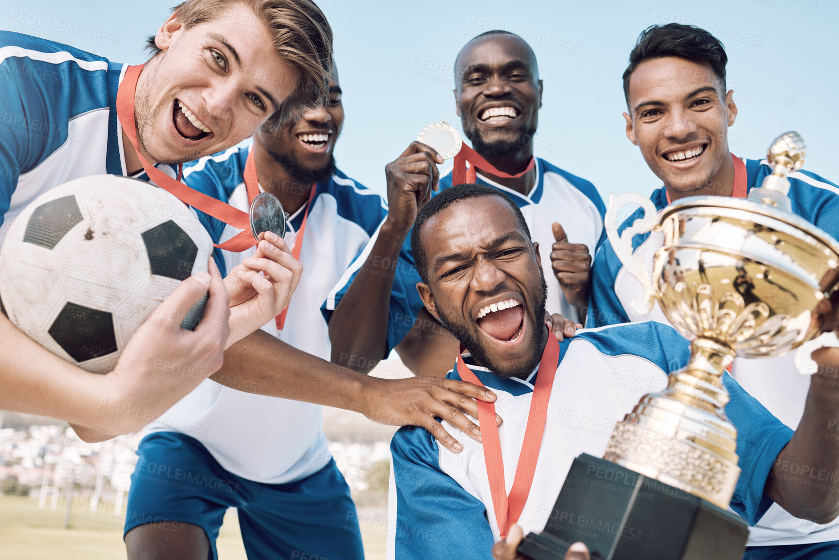 Buy stock photo Soccer, trophy and men team winning portrait at sports competition or game with teamwork on a field. Football champion group people with medal or prize for goal, performance and fitness achievement 