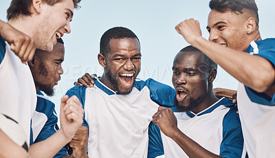 Buy stock photo Soccer, winning team and men celebrate at sports competition or game with teamwork outdoor. Football champion diversity group people in celebration for goal, performance and fitness achievement win