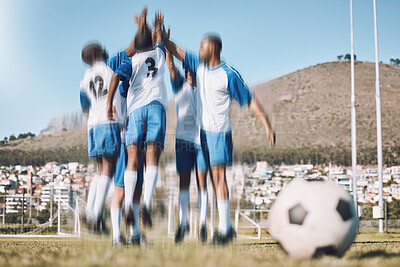 Buy stock photo Soccer men, high five and men celebrate winning at sports competition or game with teamwork on a field. Football champion group people happy celebration for goal, performance and fitness achievement 