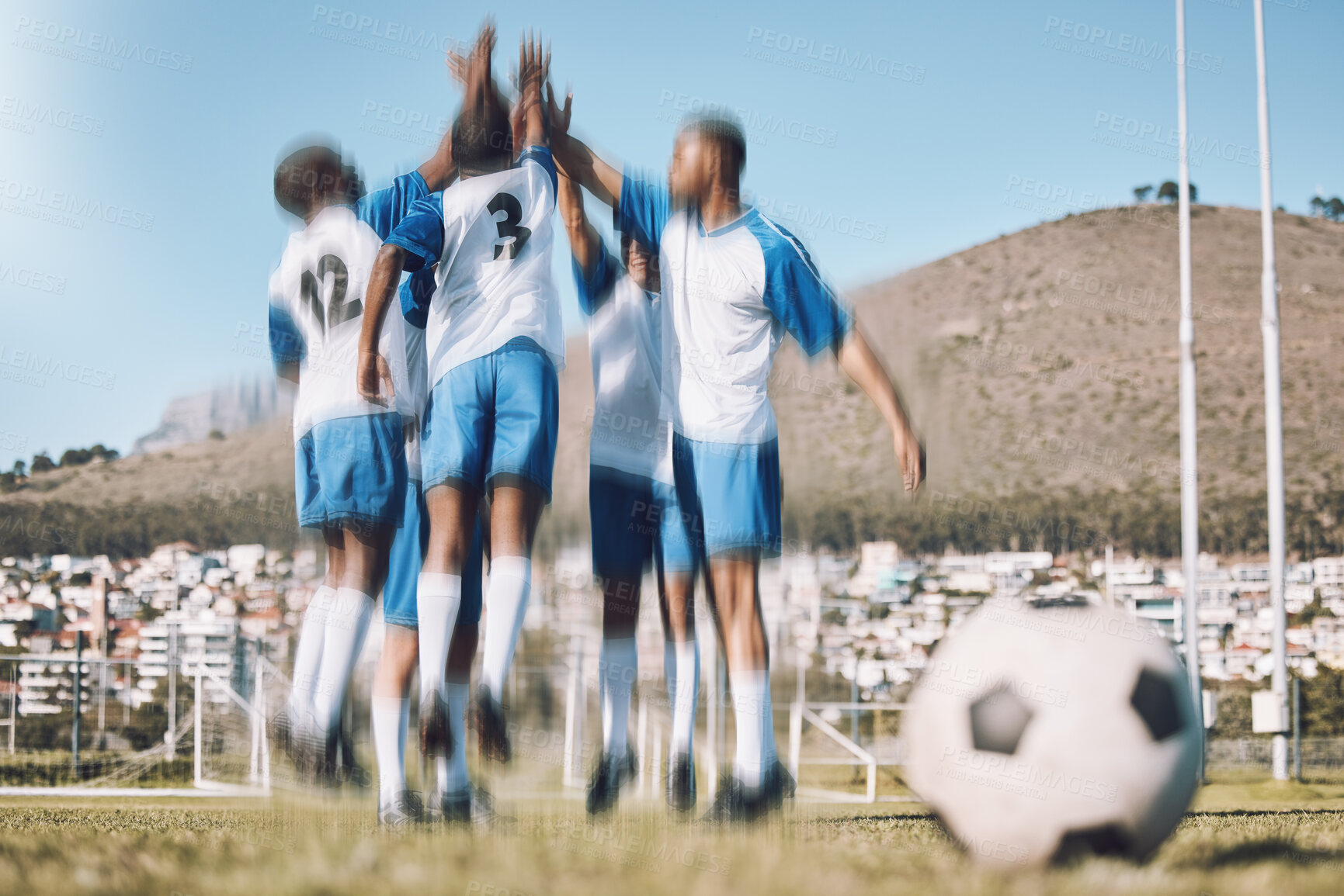 Buy stock photo Soccer men, high five and men celebrate winning at sports competition or game with teamwork on a field. Football champion group people happy celebration for goal, performance and fitness achievement 