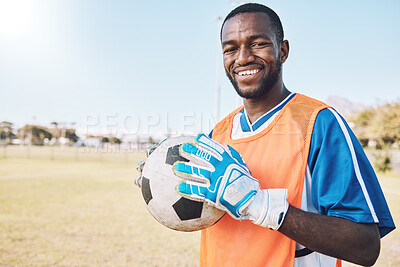 Buy stock photo Soccer, goal keeper and portrait of black man with ball and smile on face, motivation for winning game in Africa. Confident, proud and happy professional football player at exercise or training match