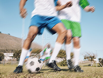 Buy stock photo Football, challenge and motion blur with a sports man running on a field during a competitive game or training. Soccer, fitness or health and a male athlete or player on a pitch with an opponent