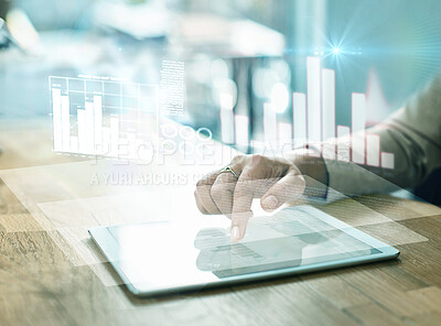 Buy stock photo Overlay, hands and tablet for finance, future and check online markets for inflation, investment and banking. Futuristic, device and investor typing for charts growth, digital planning and accountant