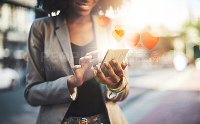 Buy stock photo Reaction, heart and business woman with a phone in the city for communication, chat and social media. Website, like and hands of a girl with a mobile in the street for online network with an emoji