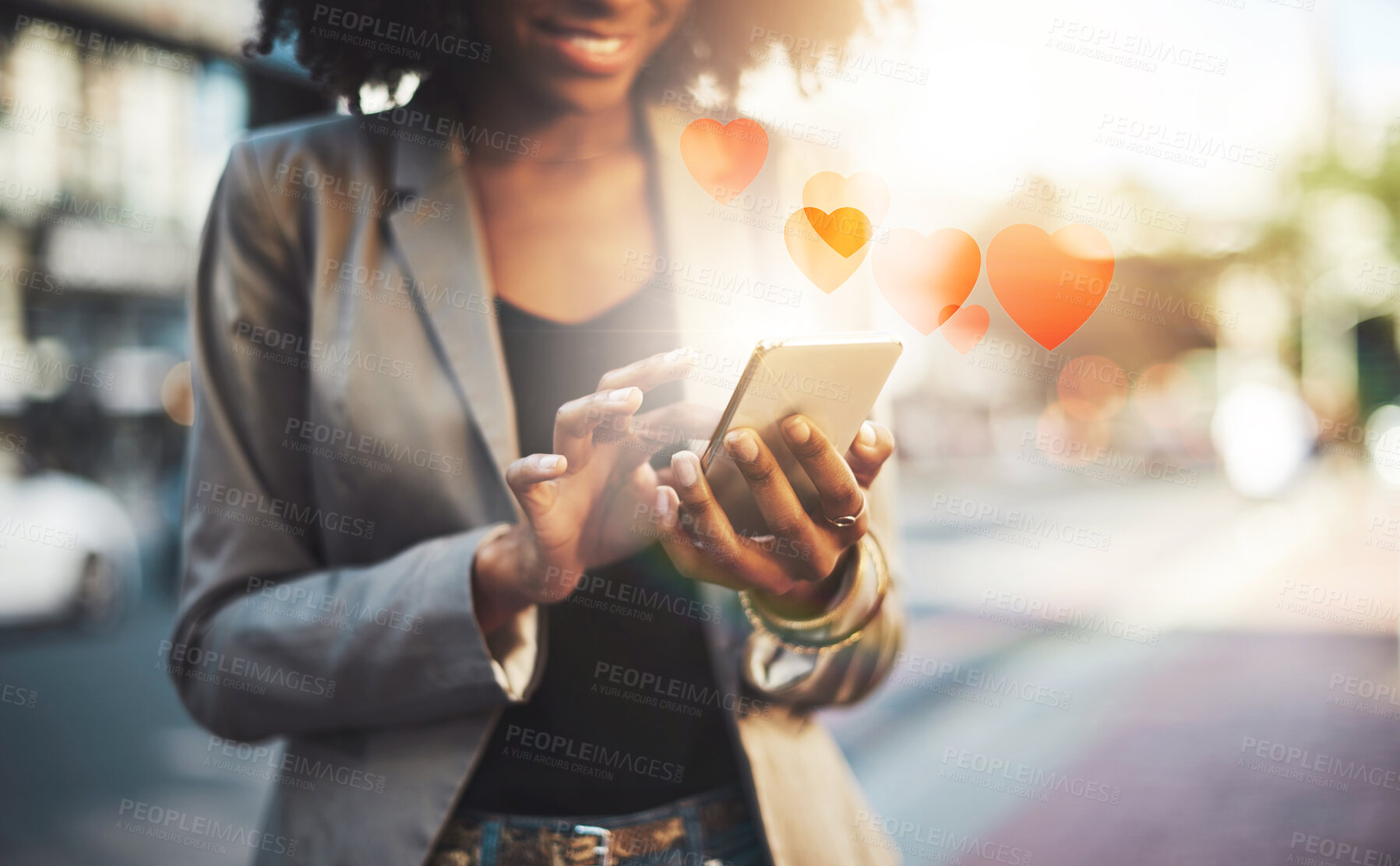 Buy stock photo Reaction, heart and business woman with a phone in the city for communication, chat and social media. Website, like and hands of a girl with a mobile in the street for online network with an emoji